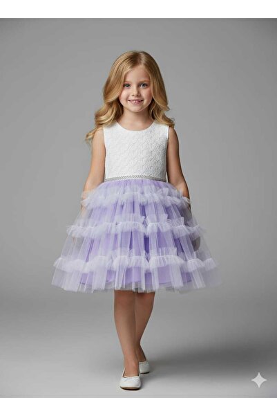 Retro Women Kız Çocuk Güpür Tül Detaylı Pembe Mor Kat Kat Prenses Elbise