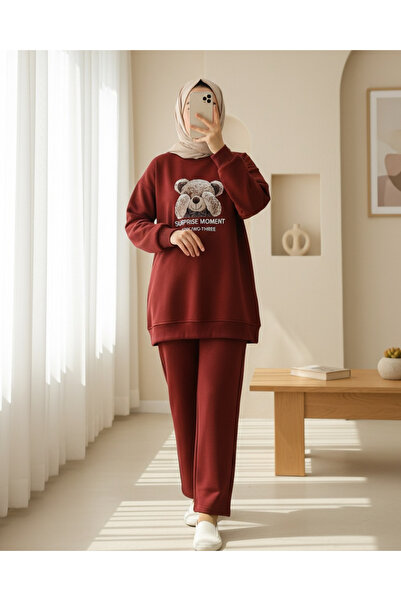 Modamorfo Teddy Bear Printed Fleece-Lined 3 Thread Sweat Set - Claret Red