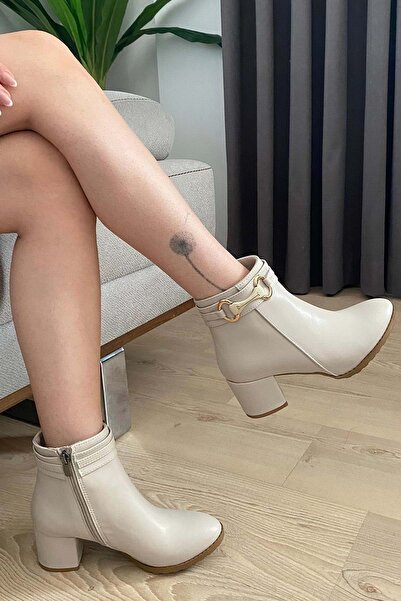 KCMN Feles Side Buckle Classic Heeled Women's Boots Beige