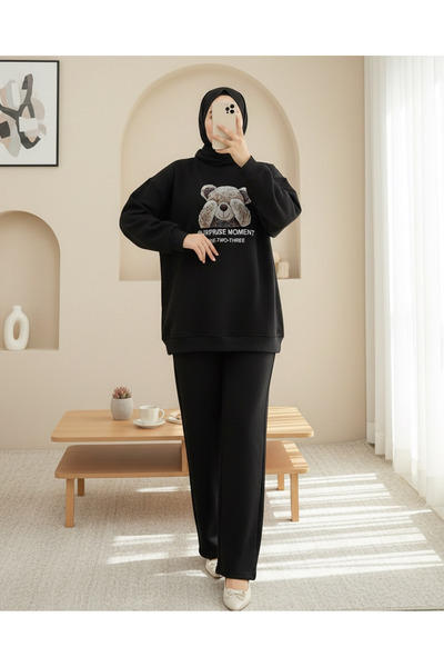 Modamorfo Σετ ιδρώτας Teddy Bear με τύπωμα επένδυση fleece 3 Thread -Μαύρο