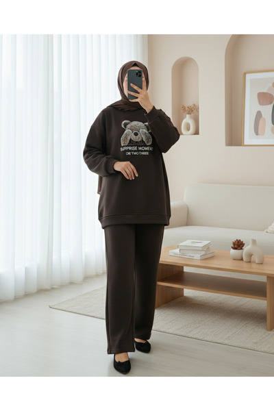 Modamorfo Σετ ιδρώτριας φόρμας με με τύπωμα νήματα Teddy Bear επένδυση fleece - Καφέ