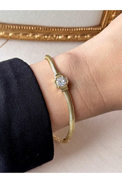 LEROSY CO. Fish Scale Single Stone Bracelet Stainless Steel Gold Zircon