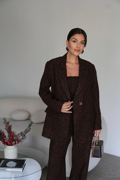 Julidress Кафеен топ, сако и панталони палацо 3-частен комплект от туид с пайети