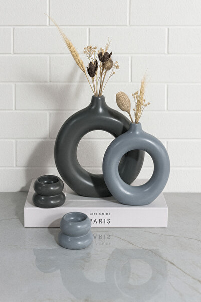 Zigzag Home Dekoratif Bohem Tarz Halka Vazo ve Tealight Dekoratif Mumluk Seti Takımı Biblo Antrasit Gri