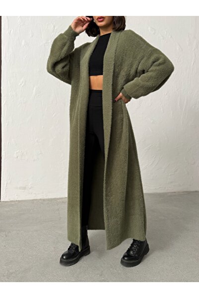 BEJNA Women's Khaki Soft Textured Long Knitwear Cardigan