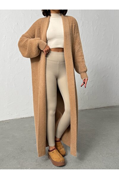 BEJNA Γυναικεία μακριά πλεκτή ζακέτα με απαλή υφή Camel