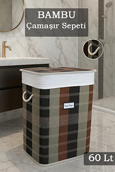 naturelove 60 Lt Bambu Dikdörtgen Çamaşır Sepeti – Desenli Doğal Astarlı Bany...
