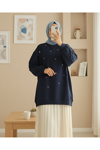 Modamorfo Round Neck Heart Patterned Combed Cotton Tunic - Navy