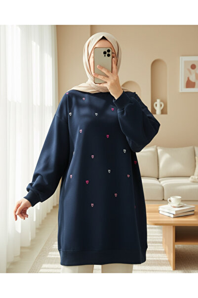 Modamorfo Round Neck Heart Patterned Combed Cotton Tunic - Navy