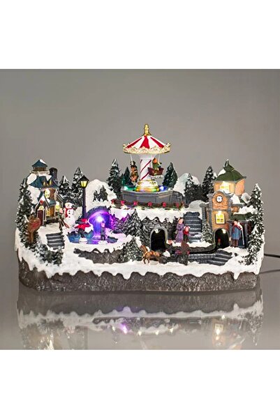 SHOPIENS Scenă de Crăciun cu magazine și copii, patinoar, carusel, lumină și ...