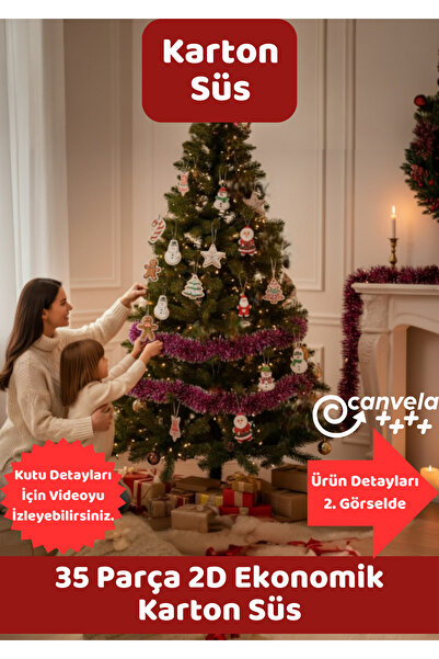 CANVELA 35 Parça 2D Karton Süsleme Seti Yılbaşı Çam Ağacı Karışık Süsleme Seti ve Peri Led Işıklı