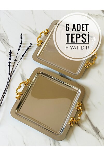 Melinda 6 قطع صينية تقديم فضية مربعة قابلة للإزالة مع مقبض ذهبي للشاي والقهوة...