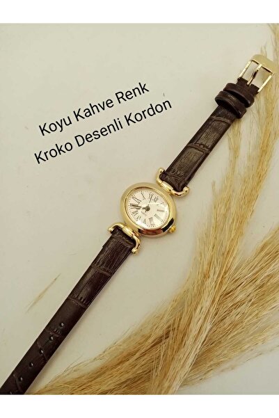 QUARTZ MARKA MODEL OVAL GOLD KASA KOYU KAHVE RENK KROKO DESENLİ KORDON KADIN ...