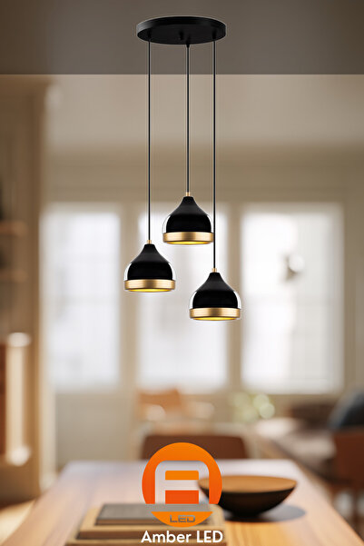 AmberLED Şık Metal Gövdeli 3'lü Tepsi Sarkıt Avize Mutfak ve Salon İçin E27 U...