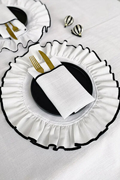 KaiHome Shine White Linen Fabric Round Plate with Black Piping 4Pcs