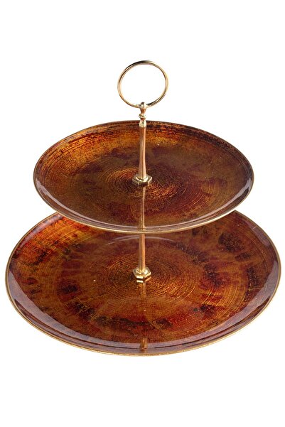 HIC طبق تقديم زجاجي طابقين 28 سم لون بني ذهبي