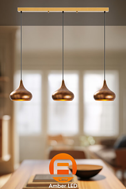 AmberLED Metal Gövdeli 3'lü Sarkıt Avize Patine Gold Mutfak ve Salon İçin E27...