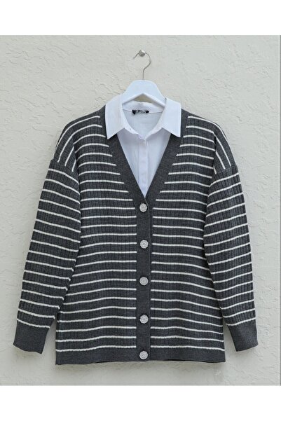 Modamorfo Stone Detailed Buttoned Knitwear Cardigan - Smoked