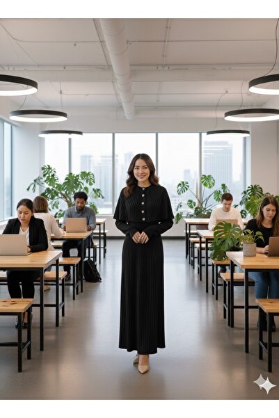 ANBLYs COLLECTION Buttoned Long Knitted Dress with Pleated Detail