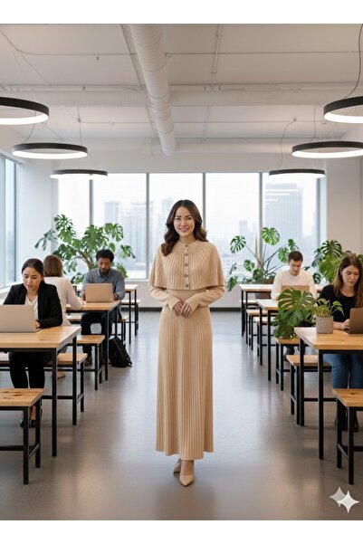 ANBLYs COLLECTION Buttoned Long Knitted Dress with Pleated Detail