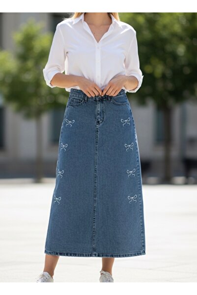 Blue mist Kurdela nakışlı yüksek bel denim etek (‼️Dar kalıp)