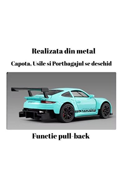OEM Metal car type Porsche GT3 RS, Sounds and lights, Movable doors, Pull-Back, 16cm, Turqoise