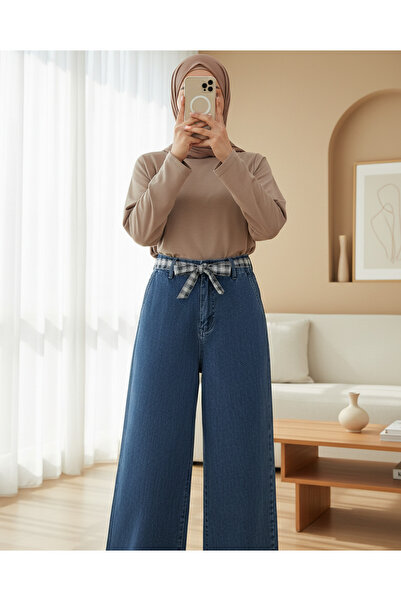 Modamorfo Wide Leg Belted Zippered Jeans - Dark Blue