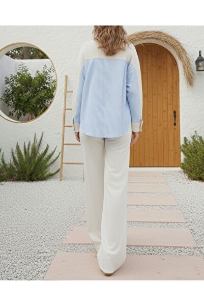 Modamorfo Women's Front Pocketed Back Poplin Striped Fabric -24S-31888Blz