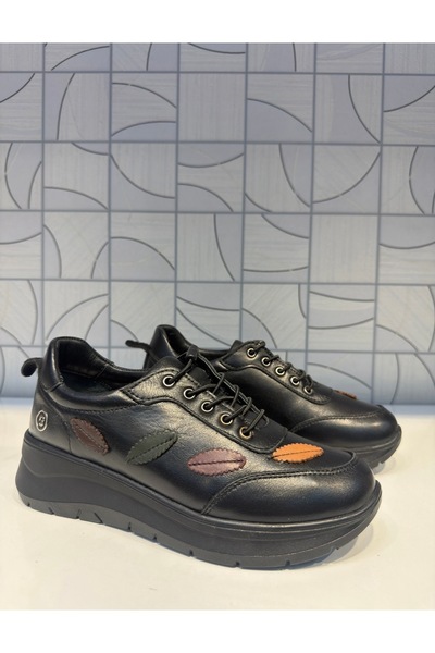 Anıl Ayakkabı B1 4060 Women's Black Genuine Leather Rubber Laces Leaf Pattern Detailed Daily Orthopedic Shoes