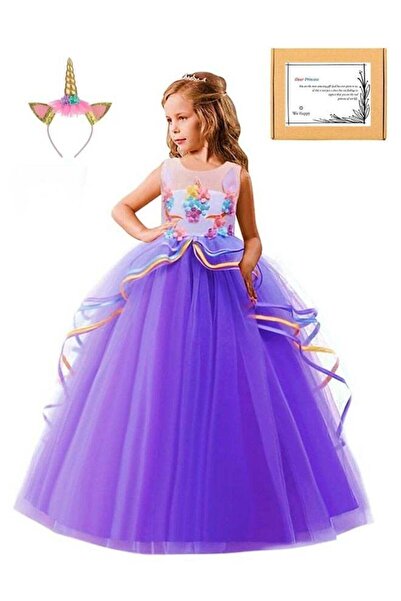 WE HAPPY Girls Floral Unicorn Costume Princess Rainbow Maxi Party Dress
