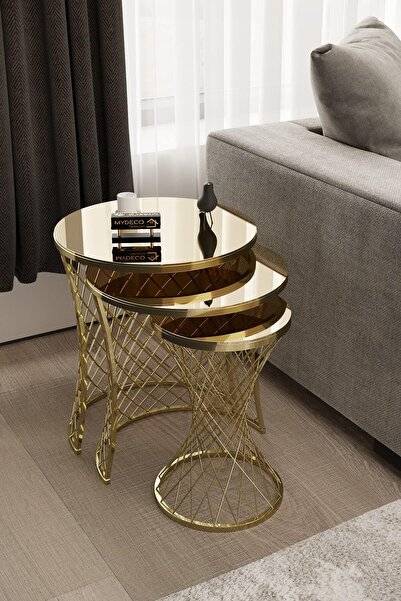 MYDECO Hasır Zigon Sehpa Gold Kaplama Bronz Ayna