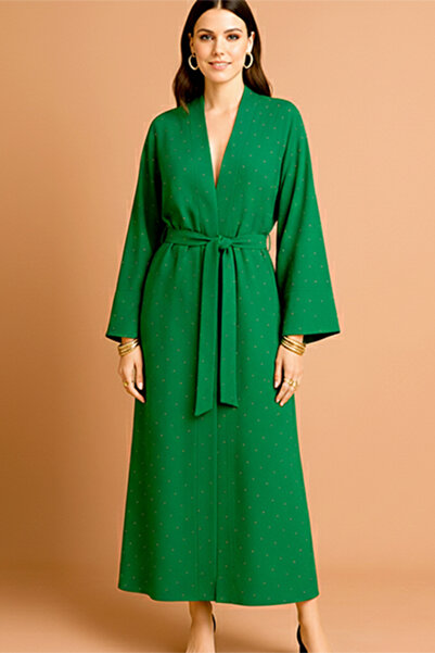 dorbe glitter dot pattern open kimono-style belted long kimono cardigan for women