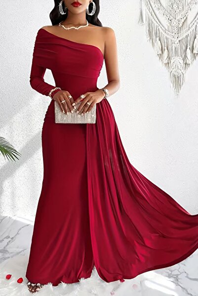 Deafox فستان سهرة طويل بكتف واحد وأكمام طويلة من قماش الكريب باللون العنابي