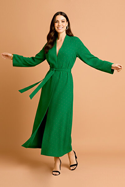 dorbe glitter dot pattern open kimono-style belted long kimono cardigan for women