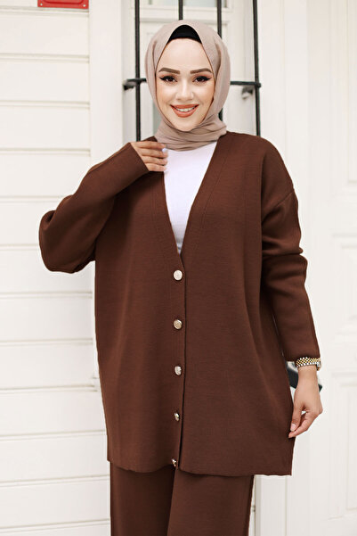 Tesettür Dünyası Buttoned Stone Knitwear Cardigan Set Tsd240932 Bitter Brown