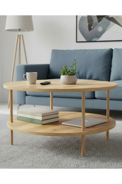 Pratico Circo Atlantik Çam Ahşap Yuvarlak Çok Amaçlı Orta Sehpa 2 Katlı