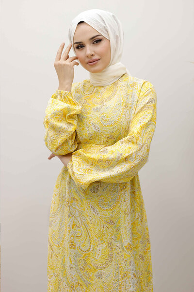 Tesettür Dünyası Shawl Pattern Belted Dresstsd250257 Yellow