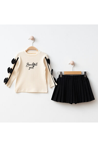 My Lusa baby wear Suna Girl's Bow Detailed Long Sleeve Ribbed Blouse and Pleated Skirt Set 2-5 Years Old