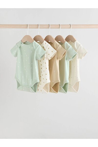 Next Baby بدلة أطفال قطنية 100% بلون أخضر زيتوني بأكمام قصيرة، عبوة من 5 قطع