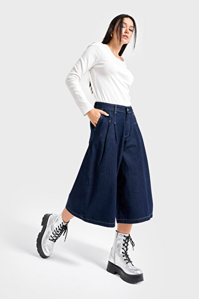 its basic Γυναικείο τζιν βερμούδα με πλισέ μακρύ τζιν σε χρώμα Indigo 7s6-50