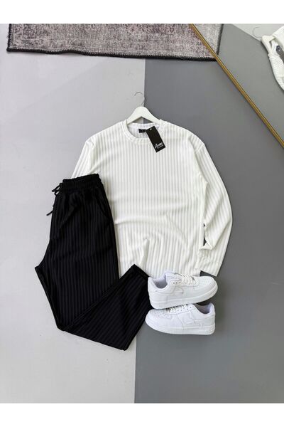Combineman35 Men's Vertical Striped Stretch Fabric Ottoman White Sweatshirt Black Trousers 2-Piece Set