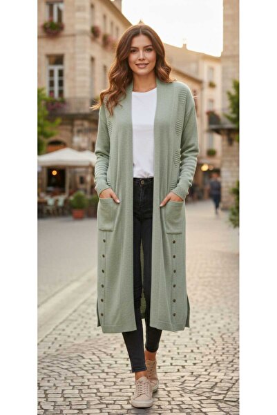 güncüoğlu Long Sleeve Pocketed Slim Fit One Size Long Knitwear Cardigan