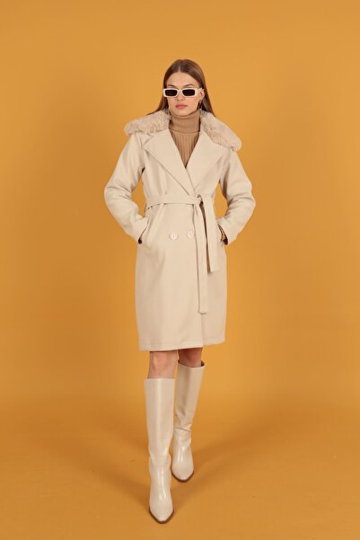 evolise Fur Detail Women's Ecru Cashmere Coat