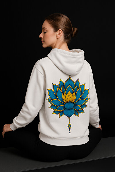 ocke Unisex White Yoga Lotus Back Printed Hooded Hoodie Sweatshirt