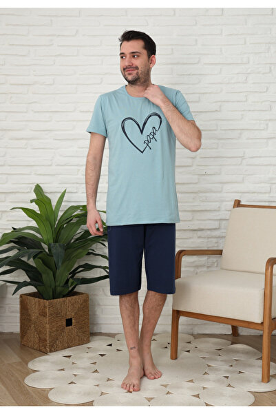 Serena Family pajamas for men, cotton, short sleeves and 3/4 pants, green color, heart print