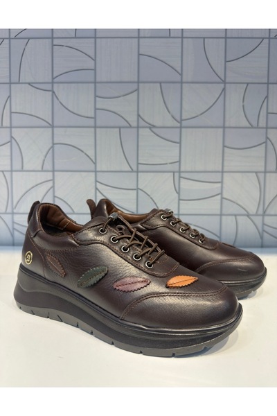 Anıl Ayakkabı B1 4060 Women's Brown Genuine Leather Rubber Laces Leaf Pattern Detailed Daily Orthopedic Shoes