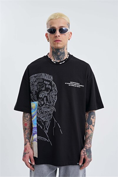 Machinist Men's Van Gogh Printed Oversized T-Shirt Black