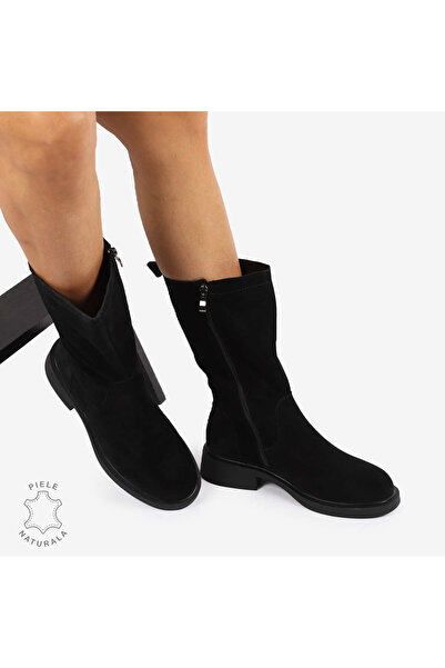 ANGEL BLUE Cizme Damă din Piele Naturală Intoarsa cu inchidere fermoar si talpa de 4cm CRL1252 NEGRU Suede