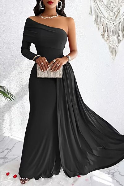 Deafox Rochie de seară din țesătură creponată, neagră, cu un singur umăr, cu mânecă lungă, lungime maxi