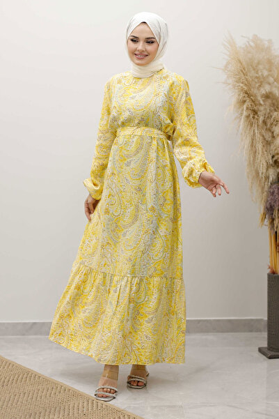 Tesettür Dünyası Shawl Pattern Belted Dresstsd250257 Yellow